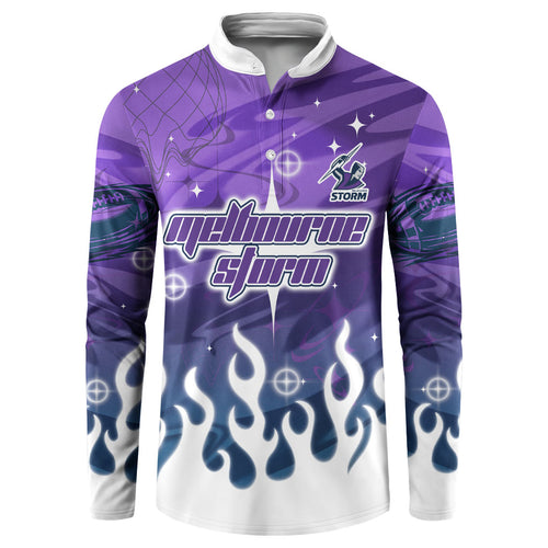 Personalized Melbourne Storm Button Sweatshirt Y2K Grunge Aesthetic With Cyber Flames and Starburst Graphics