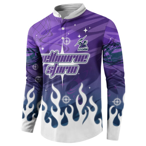 Personalized Melbourne Storm Button Sweatshirt Y2K Grunge Aesthetic With Cyber Flames and Starburst Graphics
