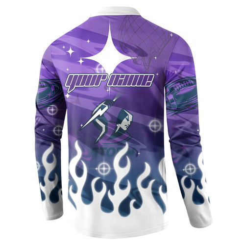 Personalized Melbourne Storm Button Sweatshirt Y2K Grunge Aesthetic With Cyber Flames and Starburst Graphics