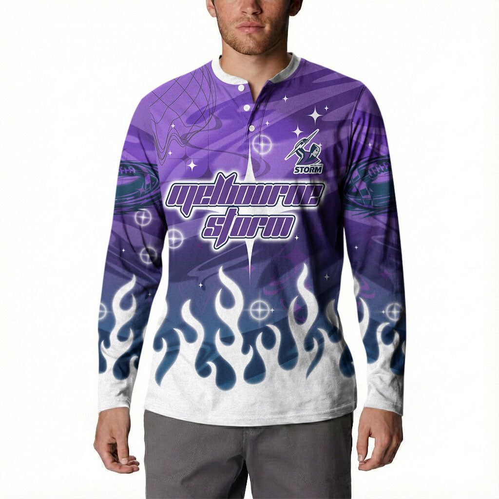 Personalized Melbourne Storm Button Sweatshirt Y2K Grunge Aesthetic With Cyber Flames and Starburst Graphics