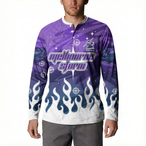 Personalized Melbourne Storm Button Sweatshirt Y2K Grunge Aesthetic With Cyber Flames and Starburst Graphics
