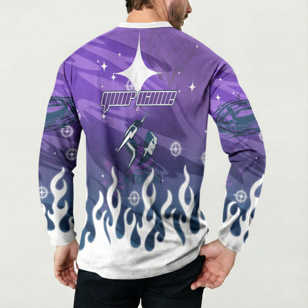 Personalized Melbourne Storm Button Sweatshirt Y2K Grunge Aesthetic With Cyber Flames and Starburst Graphics