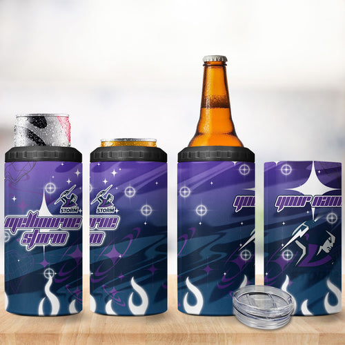 Personalized Melbourne Storm 4 in 1 Can Cooler Tumbler Y2K Grunge Aesthetic With Cyber Flames and Starburst Graphics