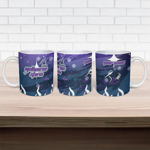 Personalized Melbourne Storm Ceramic Mug Y2K Grunge Aesthetic With Cyber Flames and Starburst Graphics