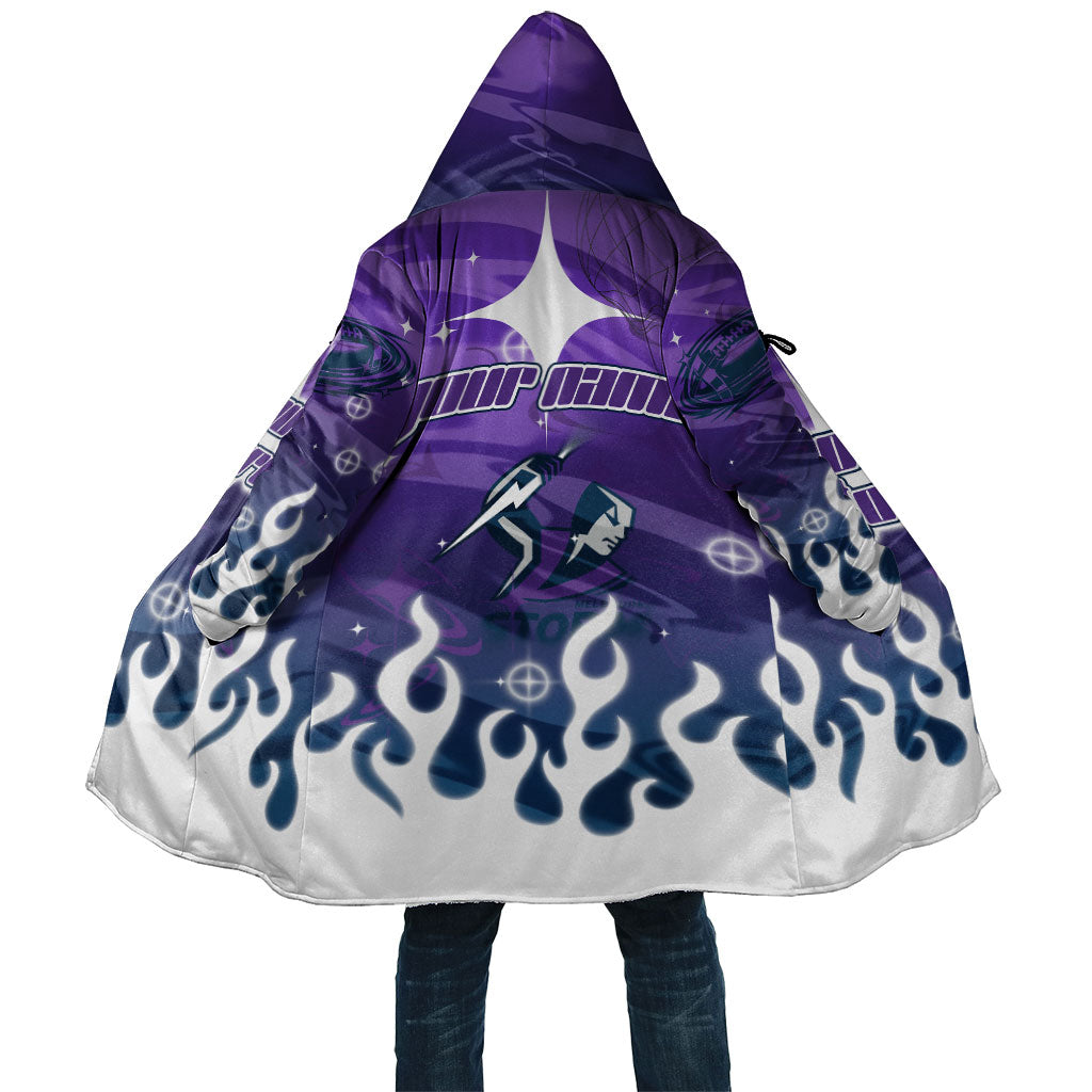 Personalized Melbourne Storm Cloak Y2K Grunge Aesthetic With Cyber Flames and Starburst Graphics