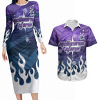 Personalized Melbourne Storm Couples Matching Long Sleeve Bodycon Dress and Hawaiian Shirt Y2K Grunge Aesthetic With Cyber Flames and Starburst Graphics