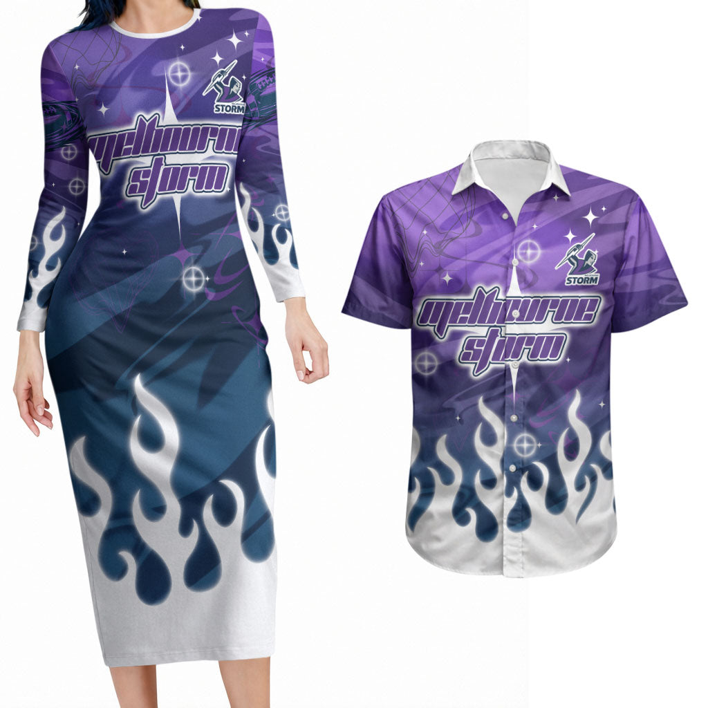 Personalized Melbourne Storm Couples Matching Long Sleeve Bodycon Dress and Hawaiian Shirt Y2K Grunge Aesthetic With Cyber Flames and Starburst Graphics