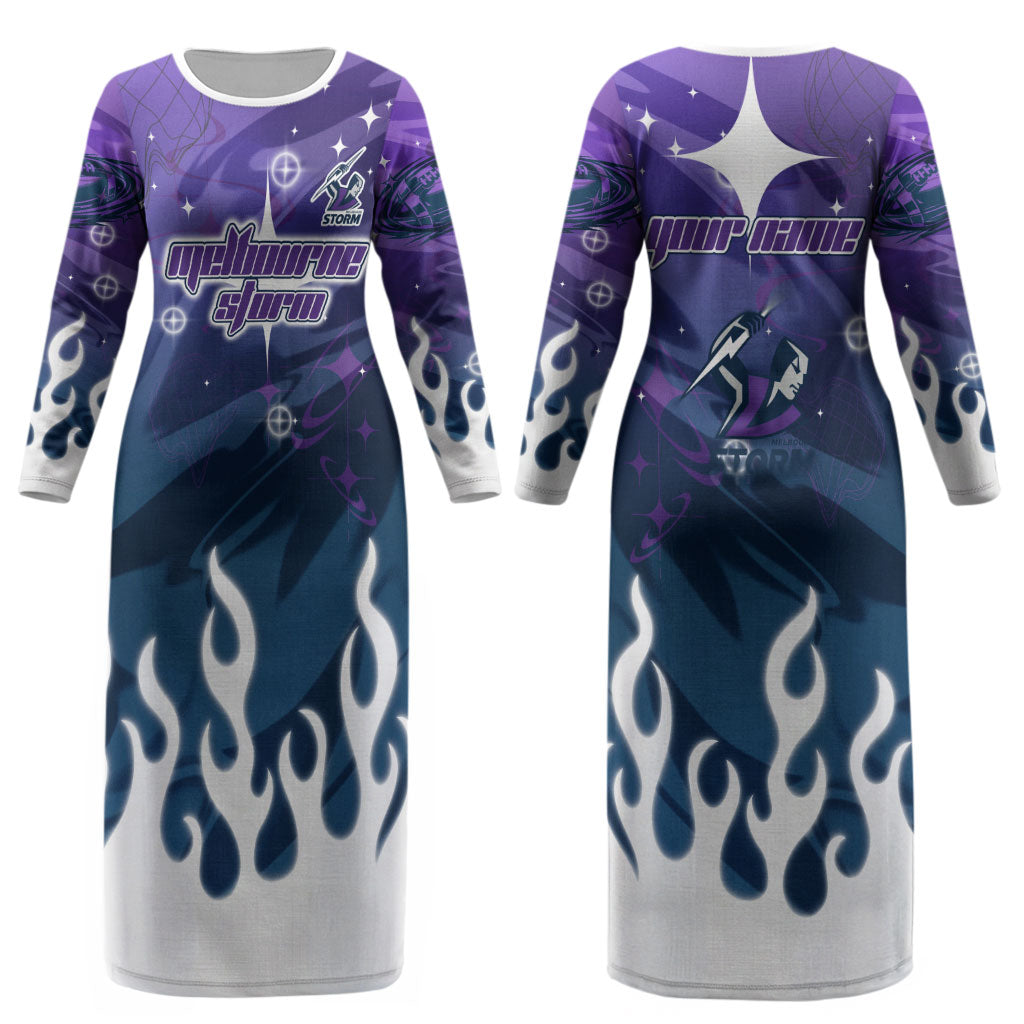 Personalized Melbourne Storm Couples Matching Long Sleeve Bodycon Dress and Hawaiian Shirt Y2K Grunge Aesthetic With Cyber Flames and Starburst Graphics