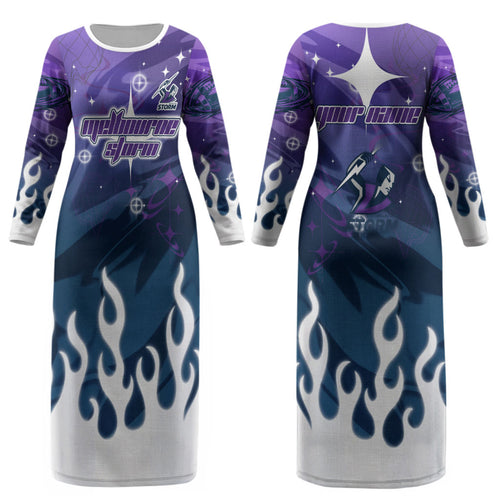 Personalized Melbourne Storm Couples Matching Long Sleeve Bodycon Dress and Hawaiian Shirt Y2K Grunge Aesthetic With Cyber Flames and Starburst Graphics