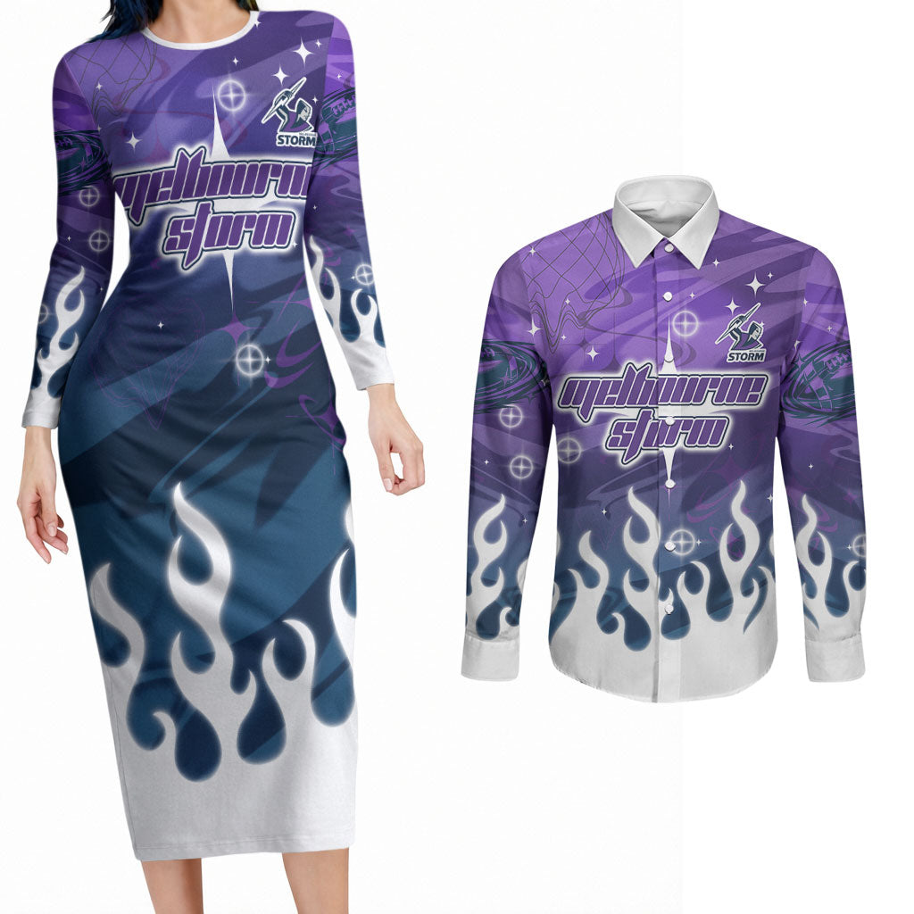 Personalized Melbourne Storm Couples Matching Long Sleeve Bodycon Dress and Long Sleeve Button Shirt Y2K Grunge Aesthetic With Cyber Flames and Starburst Graphics