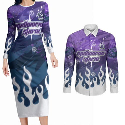 Personalized Melbourne Storm Couples Matching Long Sleeve Bodycon Dress and Long Sleeve Button Shirt Y2K Grunge Aesthetic With Cyber Flames and Starburst Graphics