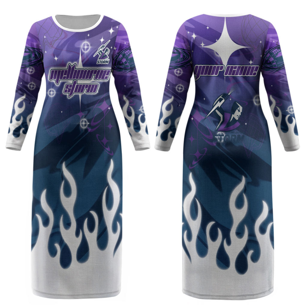 Personalized Melbourne Storm Couples Matching Long Sleeve Bodycon Dress and Long Sleeve Button Shirt Y2K Grunge Aesthetic With Cyber Flames and Starburst Graphics