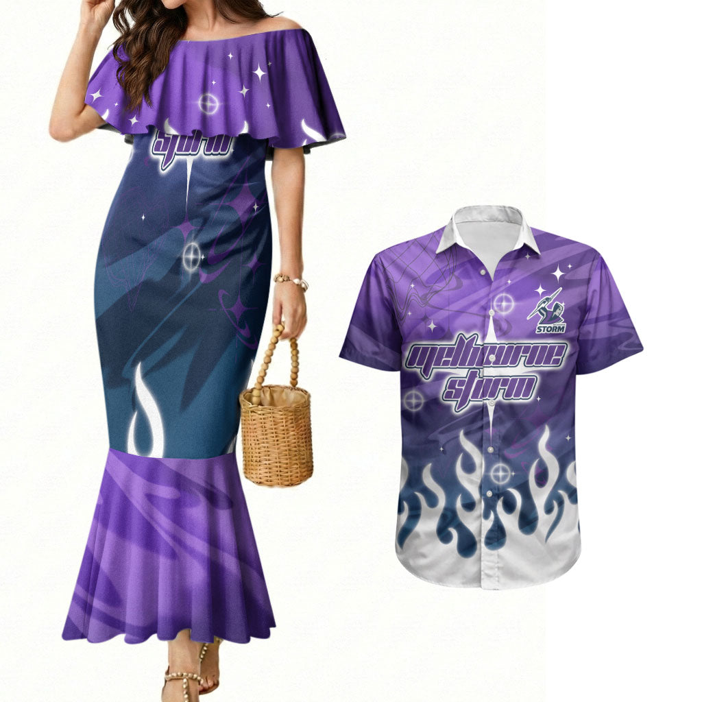Personalized Melbourne Storm Couples Matching Mermaid Dress and Hawaiian Shirt Y2K Grunge Aesthetic With Cyber Flames and Starburst Graphics