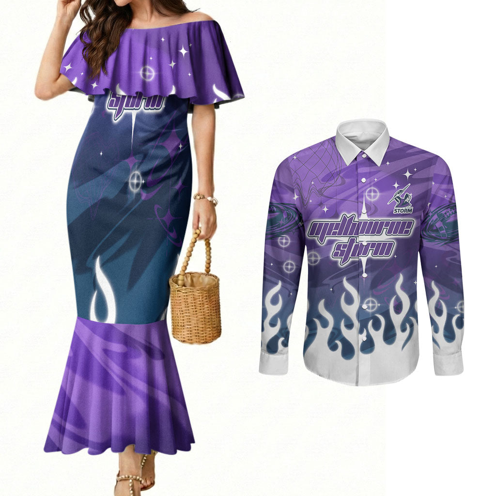 Personalized Melbourne Storm Couples Matching Mermaid Dress and Long Sleeve Button Shirt Y2K Grunge Aesthetic With Cyber Flames and Starburst Graphics