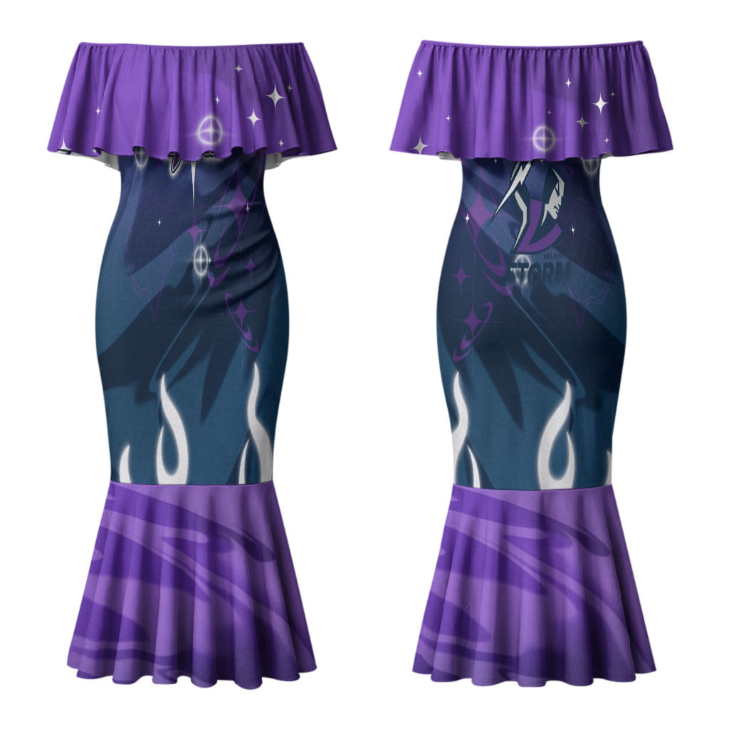 Personalized Melbourne Storm Couples Matching Mermaid Dress and Long Sleeve Button Shirt Y2K Grunge Aesthetic With Cyber Flames and Starburst Graphics