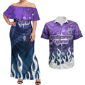 Personalized Melbourne Storm Couples Matching Off Shoulder Maxi Dress and Hawaiian Shirt Y2K Grunge Aesthetic With Cyber Flames and Starburst Graphics