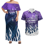 Personalized Melbourne Storm Couples Matching Off Shoulder Maxi Dress and Hawaiian Shirt Y2K Grunge Aesthetic With Cyber Flames and Starburst Graphics
