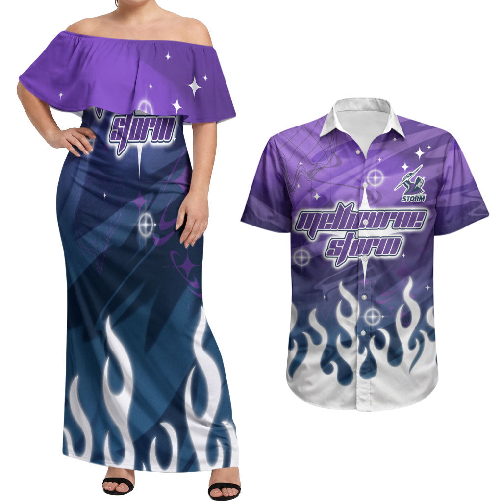 Personalized Melbourne Storm Couples Matching Off Shoulder Maxi Dress and Hawaiian Shirt Y2K Grunge Aesthetic With Cyber Flames and Starburst Graphics