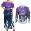 Personalized Melbourne Storm Couples Matching Off Shoulder Maxi Dress and Long Sleeve Button Shirt Y2K Grunge Aesthetic With Cyber Flames and Starburst Graphics