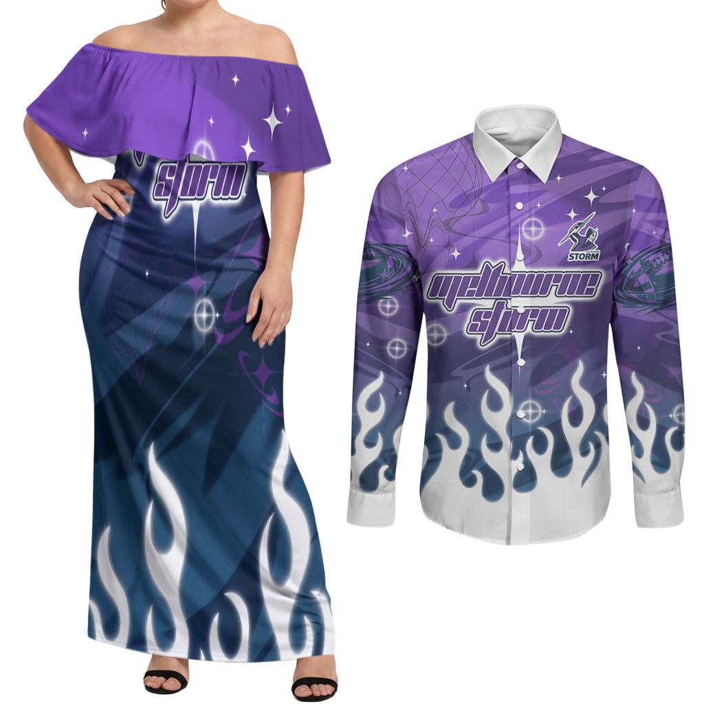 Personalized Melbourne Storm Couples Matching Off Shoulder Maxi Dress and Long Sleeve Button Shirt Y2K Grunge Aesthetic With Cyber Flames and Starburst Graphics