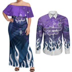 Personalized Melbourne Storm Couples Matching Off Shoulder Maxi Dress and Long Sleeve Button Shirt Y2K Grunge Aesthetic With Cyber Flames and Starburst Graphics