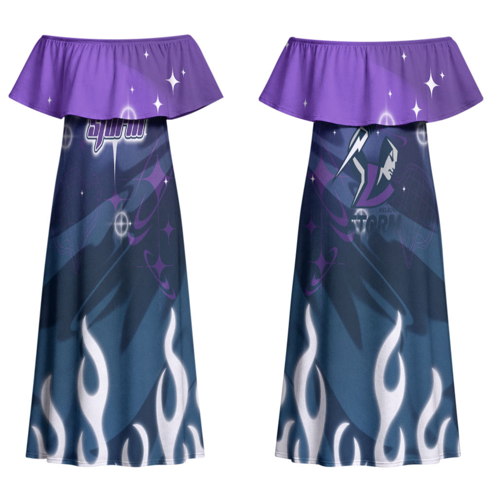 Personalized Melbourne Storm Couples Matching Off Shoulder Maxi Dress and Long Sleeve Button Shirt Y2K Grunge Aesthetic With Cyber Flames and Starburst Graphics