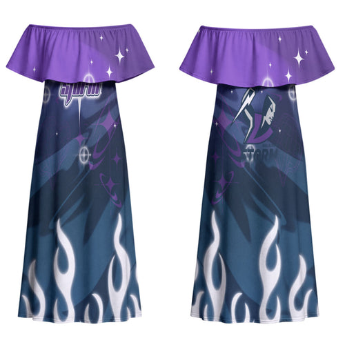 Personalized Melbourne Storm Couples Matching Off Shoulder Maxi Dress and Long Sleeve Button Shirt Y2K Grunge Aesthetic With Cyber Flames and Starburst Graphics