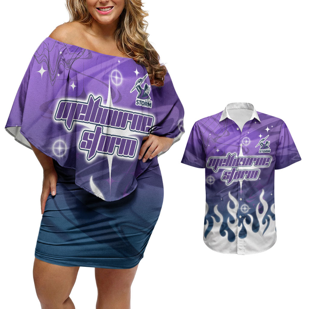 Personalized Melbourne Storm Couples Matching Off Shoulder Short Dress and Hawaiian Shirt Y2K Grunge Aesthetic With Cyber Flames and Starburst Graphics