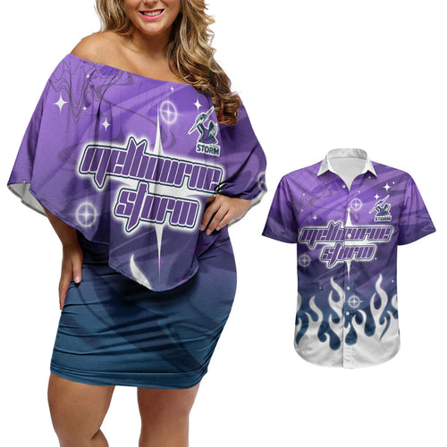 Personalized Melbourne Storm Couples Matching Off Shoulder Short Dress and Hawaiian Shirt Y2K Grunge Aesthetic With Cyber Flames and Starburst Graphics