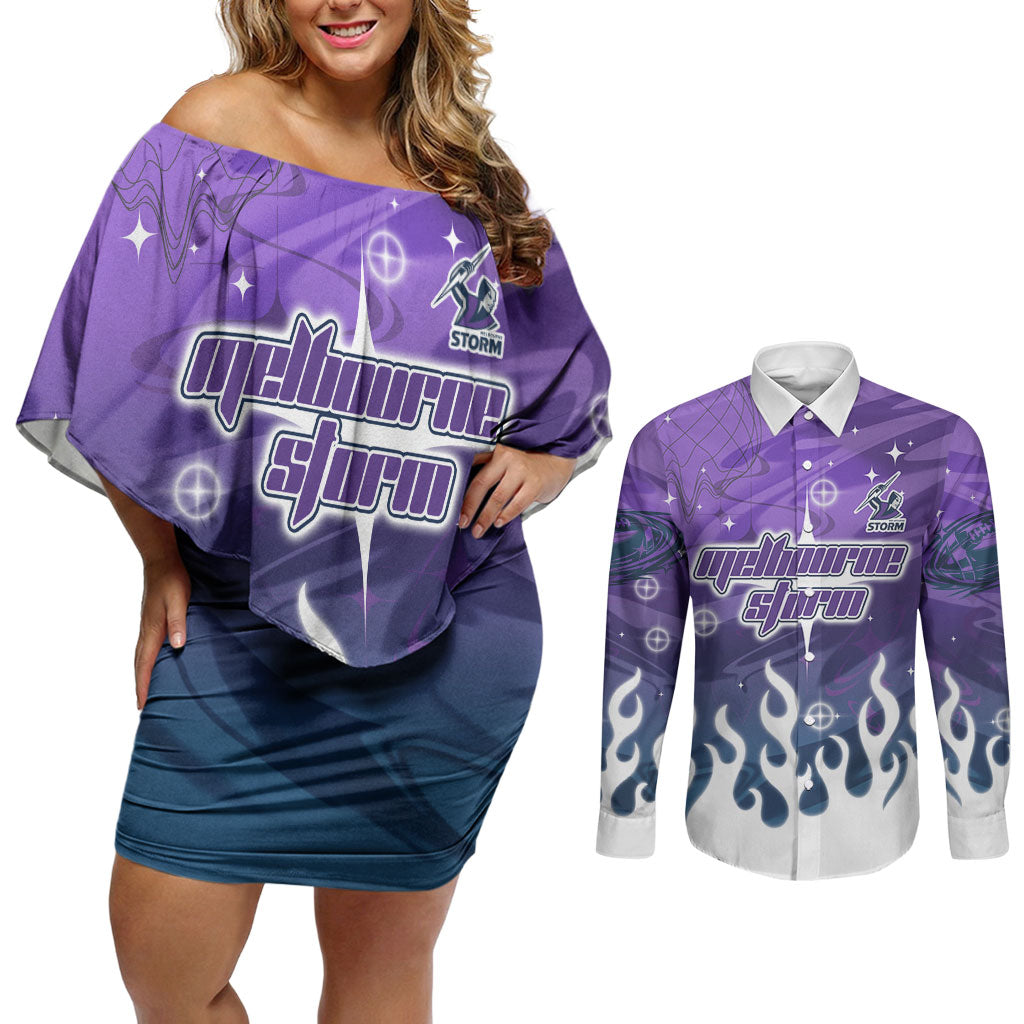 Personalized Melbourne Storm Couples Matching Off Shoulder Short Dress and Long Sleeve Button Shirt Y2K Grunge Aesthetic With Cyber Flames and Starburst Graphics