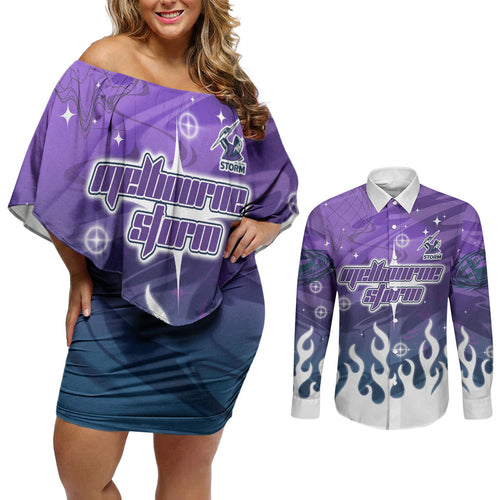 Personalized Melbourne Storm Couples Matching Off Shoulder Short Dress and Long Sleeve Button Shirt Y2K Grunge Aesthetic With Cyber Flames and Starburst Graphics