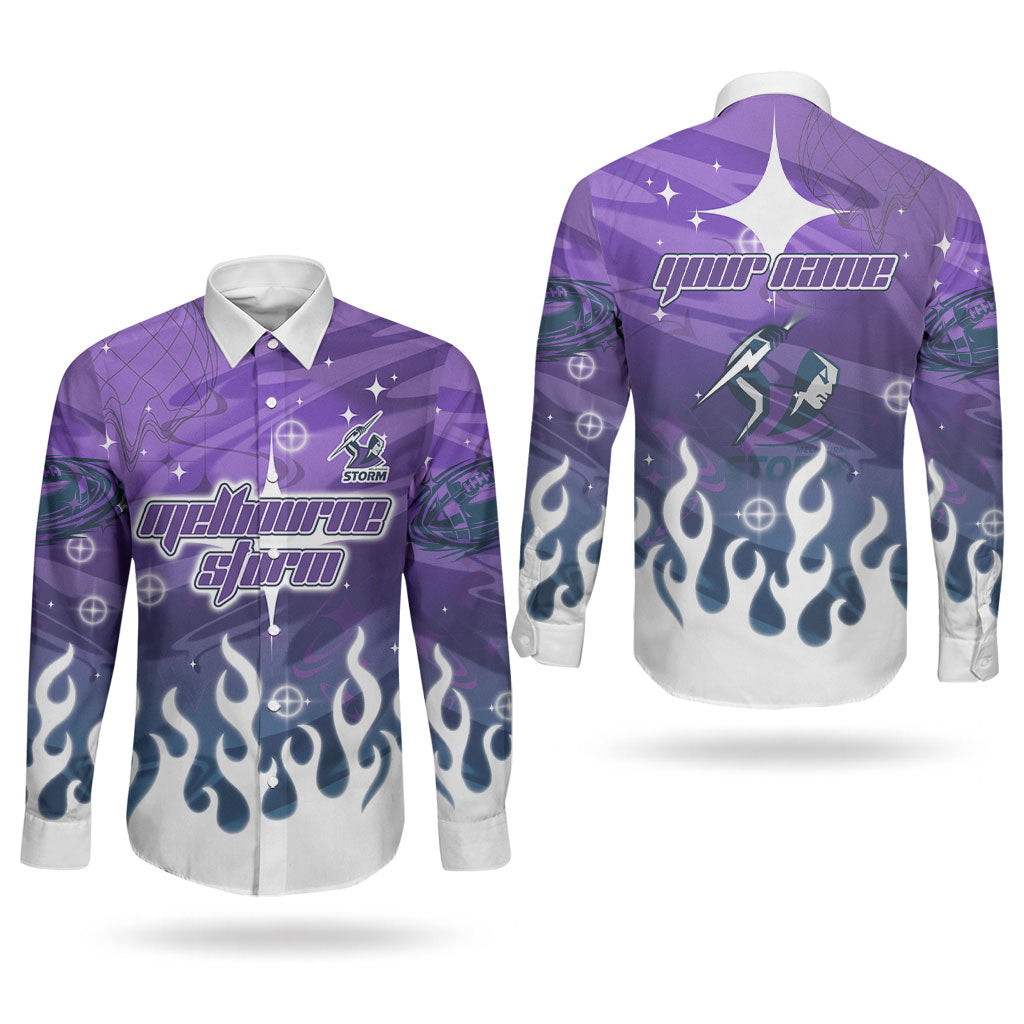 Personalized Melbourne Storm Couples Matching Off Shoulder Short Dress and Long Sleeve Button Shirt Y2K Grunge Aesthetic With Cyber Flames and Starburst Graphics