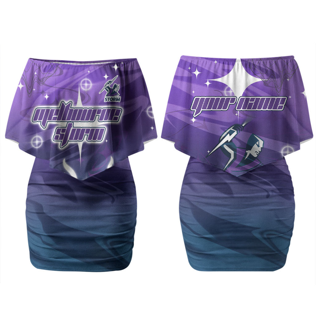 Personalized Melbourne Storm Couples Matching Off Shoulder Short Dress and Long Sleeve Button Shirt Y2K Grunge Aesthetic With Cyber Flames and Starburst Graphics