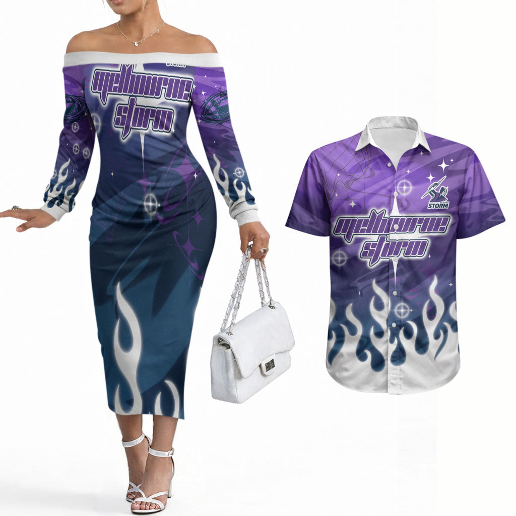 Personalized Melbourne Storm Couples Matching Off The Shoulder Long Sleeve Dress and Hawaiian Shirt Y2K Grunge Aesthetic With Cyber Flames and Starburst Graphics