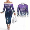 Personalized Melbourne Storm Couples Matching Off The Shoulder Long Sleeve Dress and Long Sleeve Button Shirt Y2K Grunge Aesthetic With Cyber Flames and Starburst Graphics