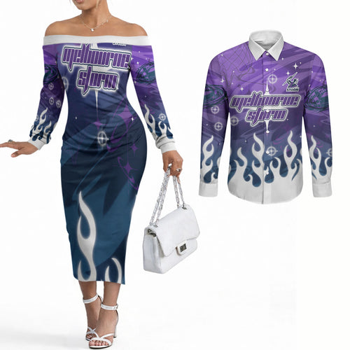 Personalized Melbourne Storm Couples Matching Off The Shoulder Long Sleeve Dress and Long Sleeve Button Shirt Y2K Grunge Aesthetic With Cyber Flames and Starburst Graphics