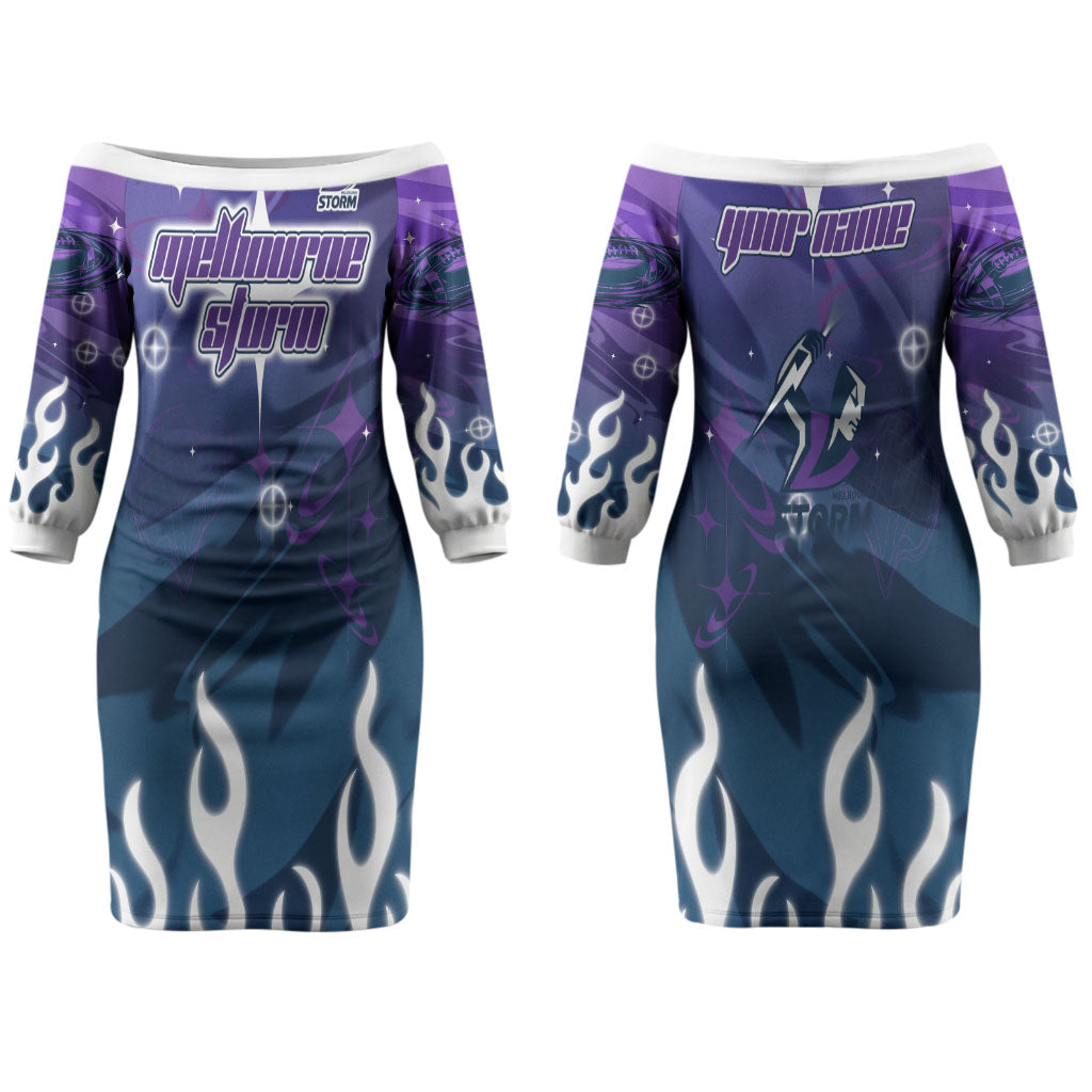 Personalized Melbourne Storm Couples Matching Off The Shoulder Long Sleeve Dress and Long Sleeve Button Shirt Y2K Grunge Aesthetic With Cyber Flames and Starburst Graphics