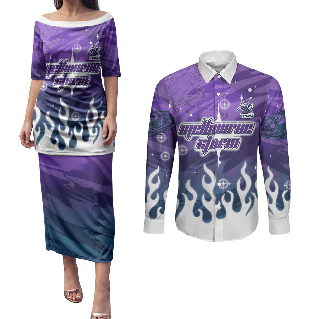 Personalized Melbourne Storm Couples Matching Puletasi and Long Sleeve Button Shirt Y2K Grunge Aesthetic With Cyber Flames and Starburst Graphics