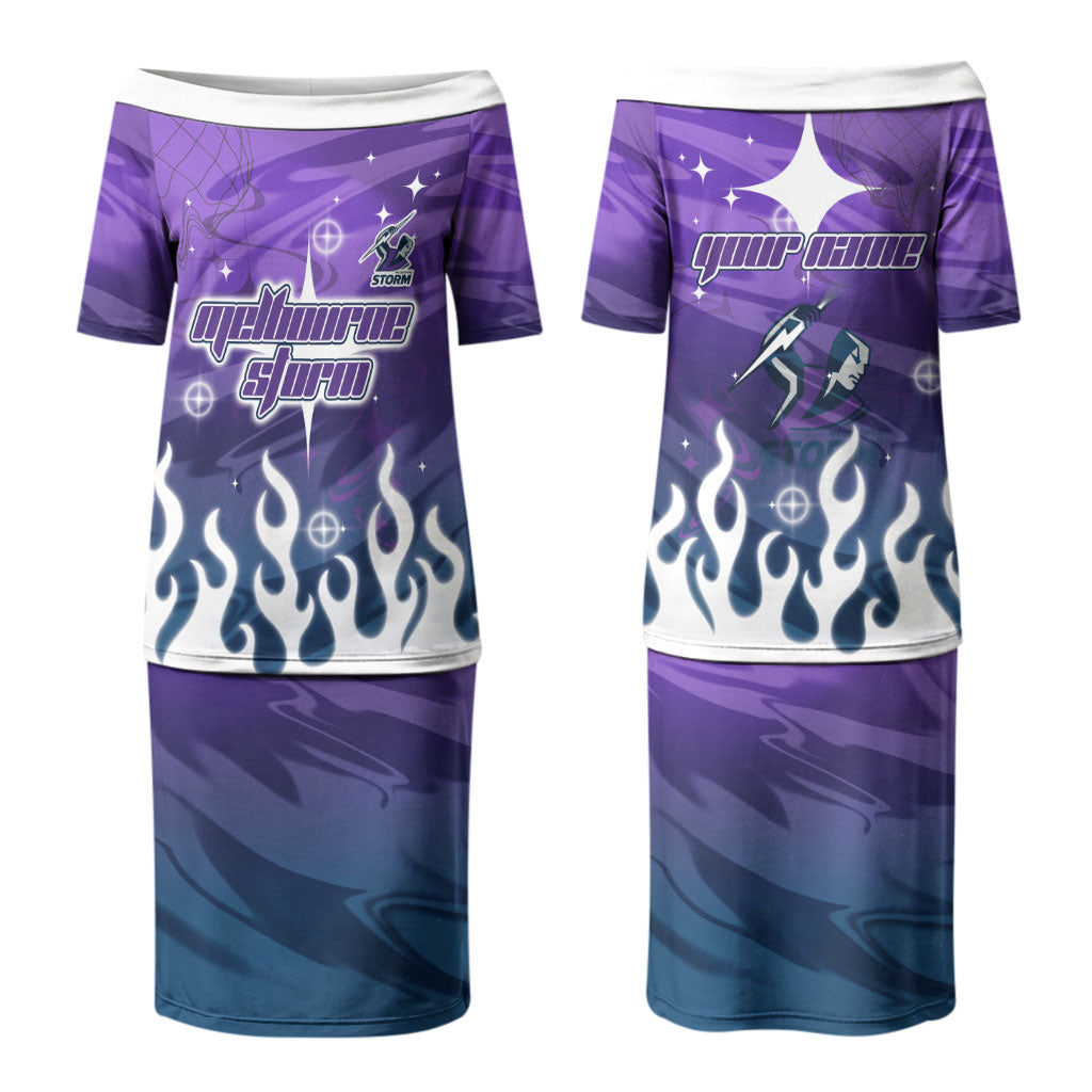 Personalized Melbourne Storm Couples Matching Puletasi and Long Sleeve Button Shirt Y2K Grunge Aesthetic With Cyber Flames and Starburst Graphics