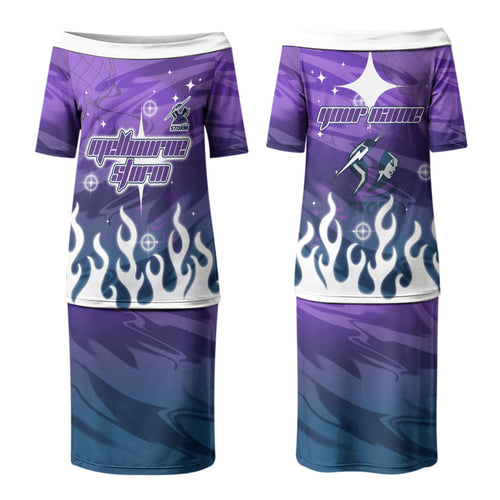 Personalized Melbourne Storm Couples Matching Puletasi and Long Sleeve Button Shirt Y2K Grunge Aesthetic With Cyber Flames and Starburst Graphics