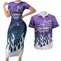 Personalized Melbourne Storm Couples Matching Short Sleeve Bodycon Dress and Hawaiian Shirt Y2K Grunge Aesthetic With Cyber Flames and Starburst Graphics
