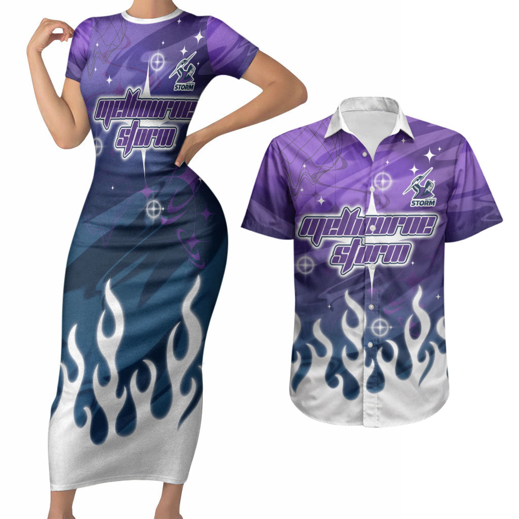 Personalized Melbourne Storm Couples Matching Short Sleeve Bodycon Dress and Hawaiian Shirt Y2K Grunge Aesthetic With Cyber Flames and Starburst Graphics
