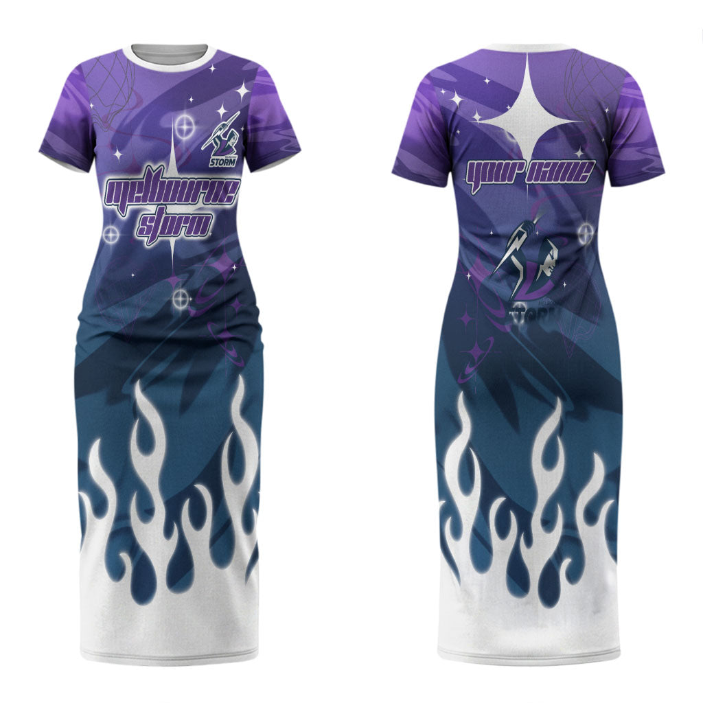 Personalized Melbourne Storm Couples Matching Short Sleeve Bodycon Dress and Hawaiian Shirt Y2K Grunge Aesthetic With Cyber Flames and Starburst Graphics