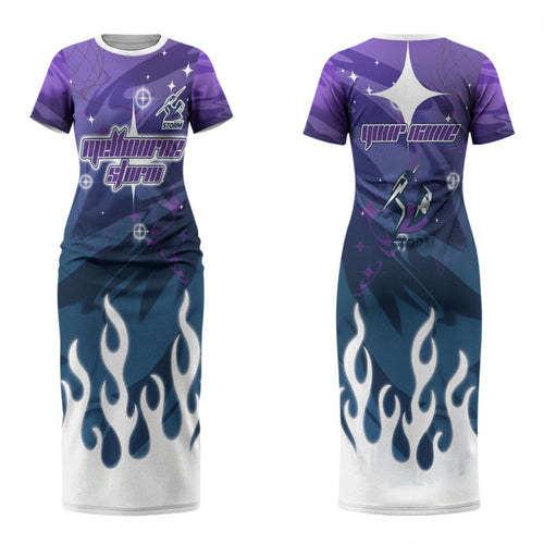 Personalized Melbourne Storm Couples Matching Short Sleeve Bodycon Dress and Hawaiian Shirt Y2K Grunge Aesthetic With Cyber Flames and Starburst Graphics