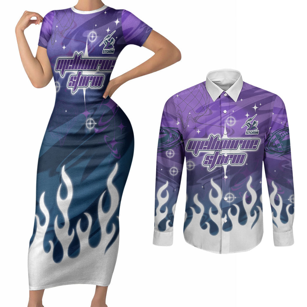 Personalized Melbourne Storm Couples Matching Short Sleeve Bodycon Dress and Long Sleeve Button Shirt Y2K Grunge Aesthetic With Cyber Flames and Starburst Graphics