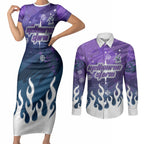 Personalized Melbourne Storm Couples Matching Short Sleeve Bodycon Dress and Long Sleeve Button Shirt Y2K Grunge Aesthetic With Cyber Flames and Starburst Graphics