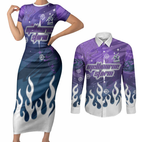 Personalized Melbourne Storm Couples Matching Short Sleeve Bodycon Dress and Long Sleeve Button Shirt Y2K Grunge Aesthetic With Cyber Flames and Starburst Graphics