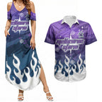 Personalized Melbourne Storm Couples Matching Summer Maxi Dress and Hawaiian Shirt Y2K Grunge Aesthetic With Cyber Flames and Starburst Graphics