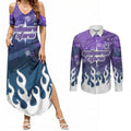 Personalized Melbourne Storm Couples Matching Summer Maxi Dress and Long Sleeve Button Shirt Y2K Grunge Aesthetic With Cyber Flames and Starburst Graphics