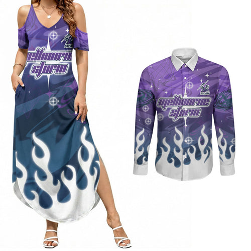 Personalized Melbourne Storm Couples Matching Summer Maxi Dress and Long Sleeve Button Shirt Y2K Grunge Aesthetic With Cyber Flames and Starburst Graphics